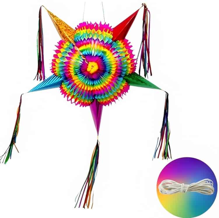 Piñata Estrella Grande con Conos Arcoiris y Cuerda de 30
