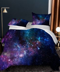 Set de Comforter Galaxia Azul Morado en 3D Tamaño Queen