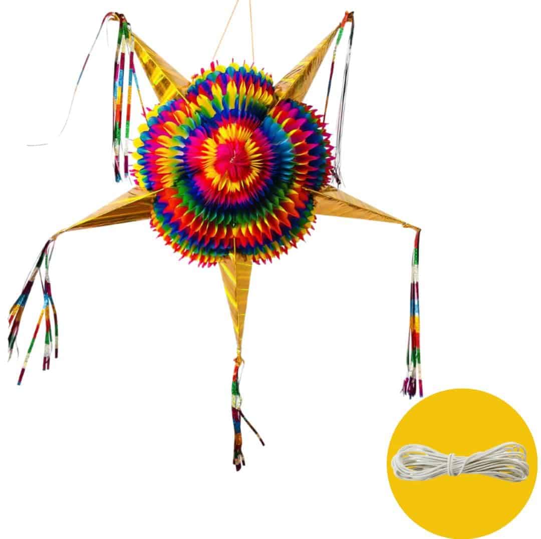 Piñata Estrella Grande con Conos Dorados y Cuerda de 30