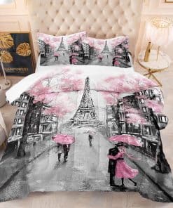 Juego de edredón kxry Pink Paris Eiffel Tower - almohada