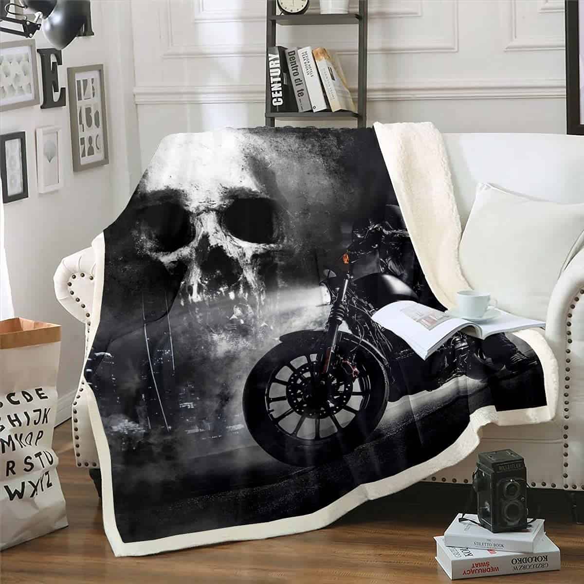 Manta Negra de Motociclista Homewish con Calavera Gris y