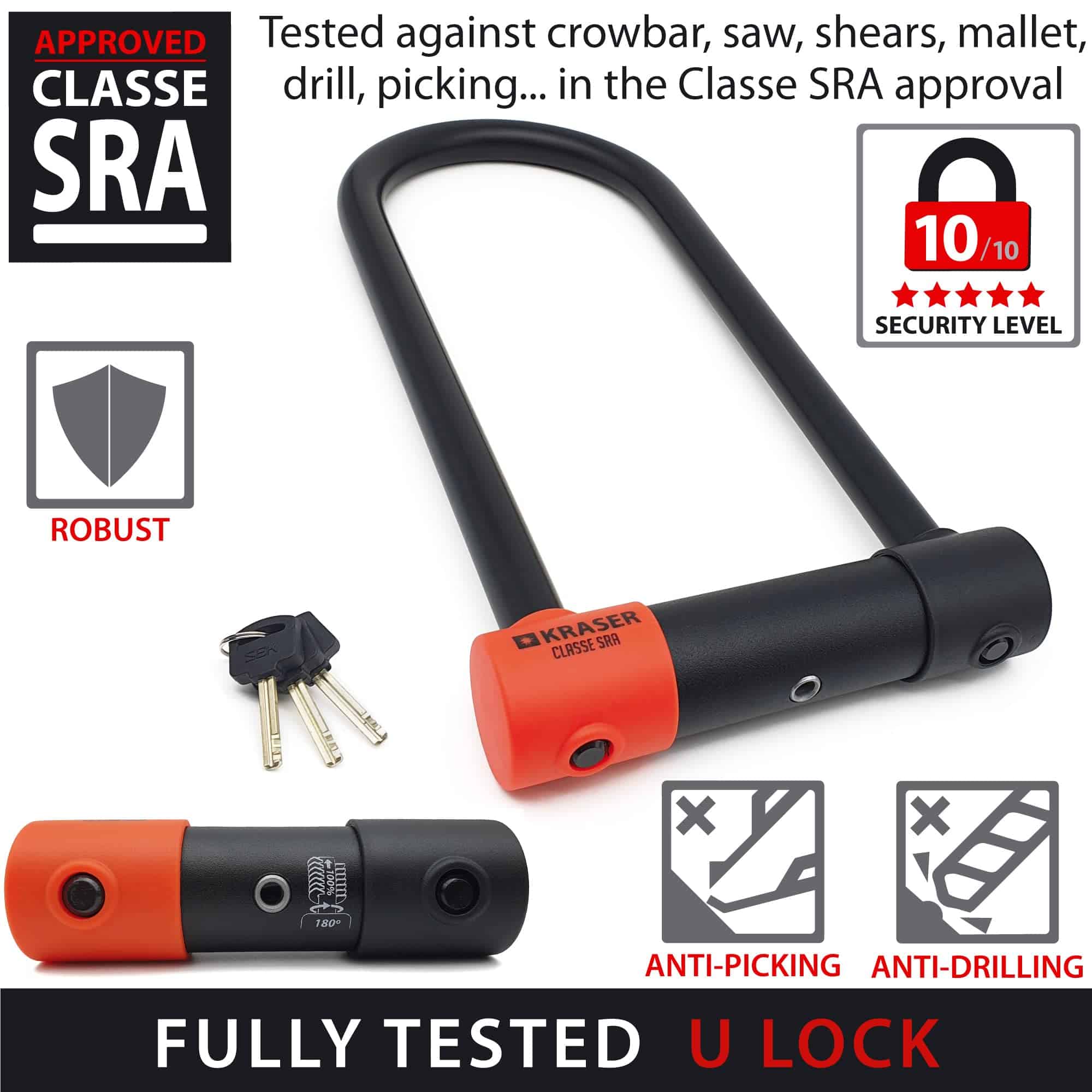 Candado U para Motocicleta KRASER KR120L, Aprobado por SRA, - Imagen 4