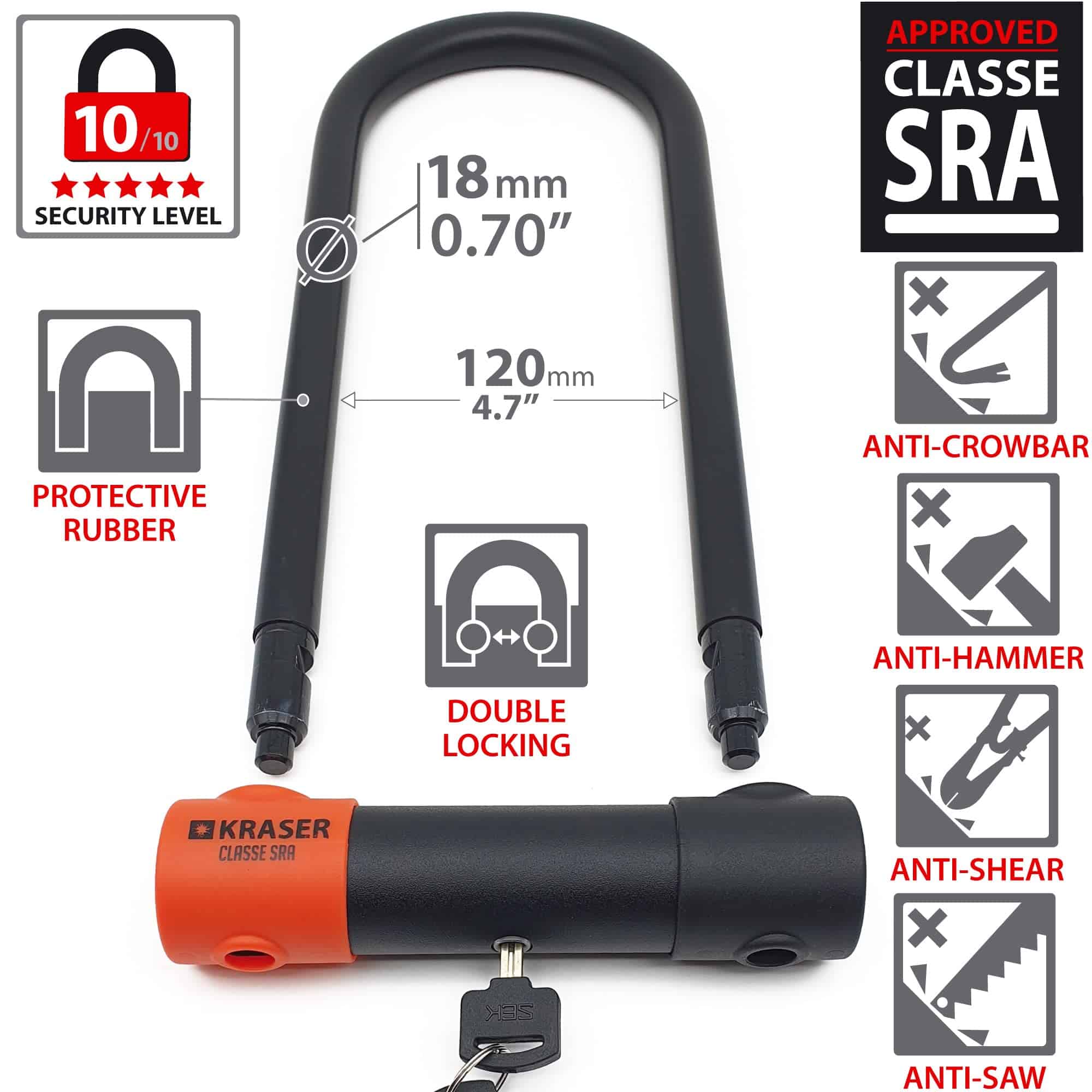 Candado U para Motocicleta KRASER KR120L, Aprobado por SRA, - Imagen 5