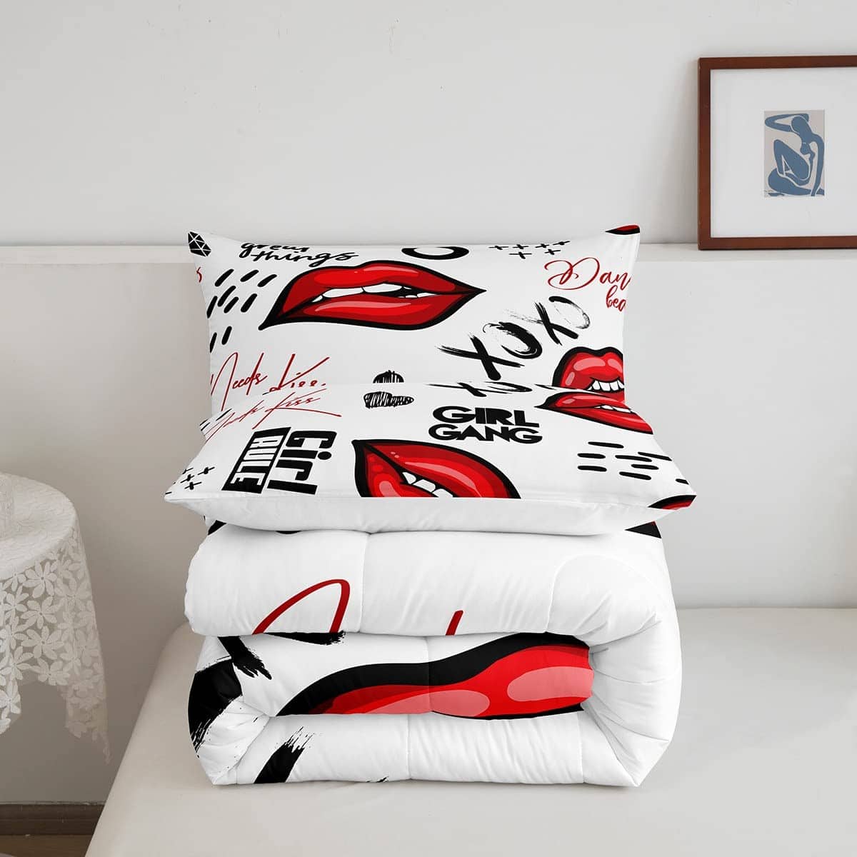 Juego de Edredón con Estampado de Labios Rojos Tema Kiss - Imagen 6