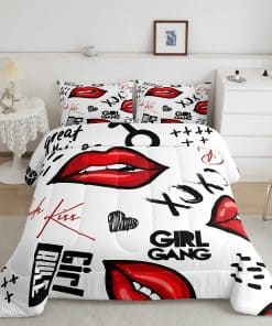 Juego de Edredón con Estampado de Labios Rojos Tema Kiss