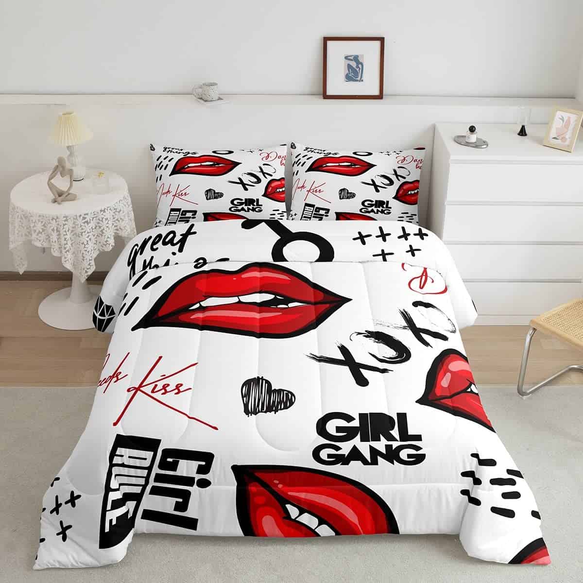 Juego de Edredón con Estampado de Labios Rojos Tema Kiss