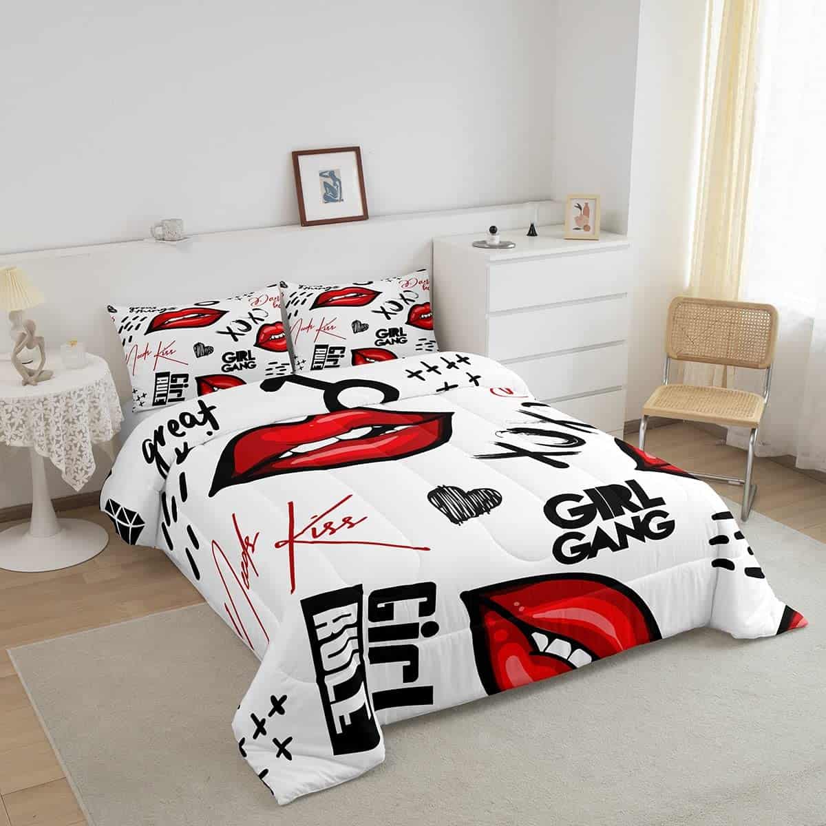 Juego de Edredón con Estampado de Labios Rojos Tema Kiss - Imagen 4