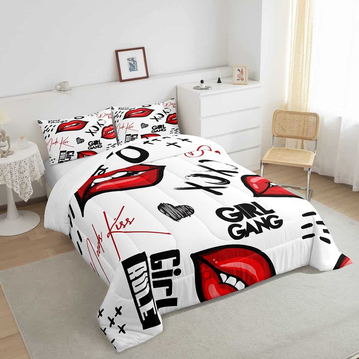 Juego de Edredón con Estampado de Labios Rojos Tema Kiss - Imagen 3