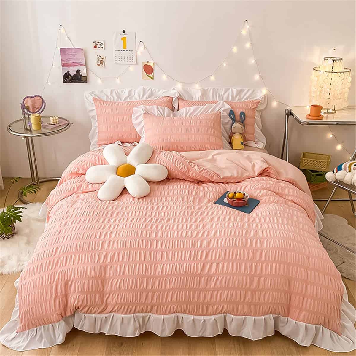 Juego de Cama con Volantes Rosa para Niñas-3 Piezas Funda