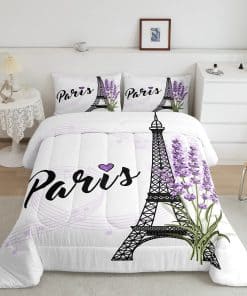 Juego de edredón Torre Eiffel Púrpura Lavanda Estampado de