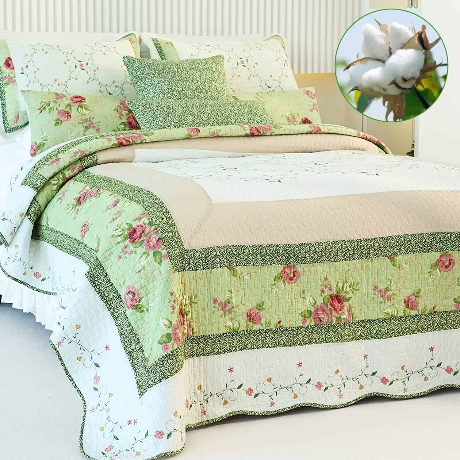 EVENHUG 100% Algodón Colcha Queen Size Set Floral Ligero
