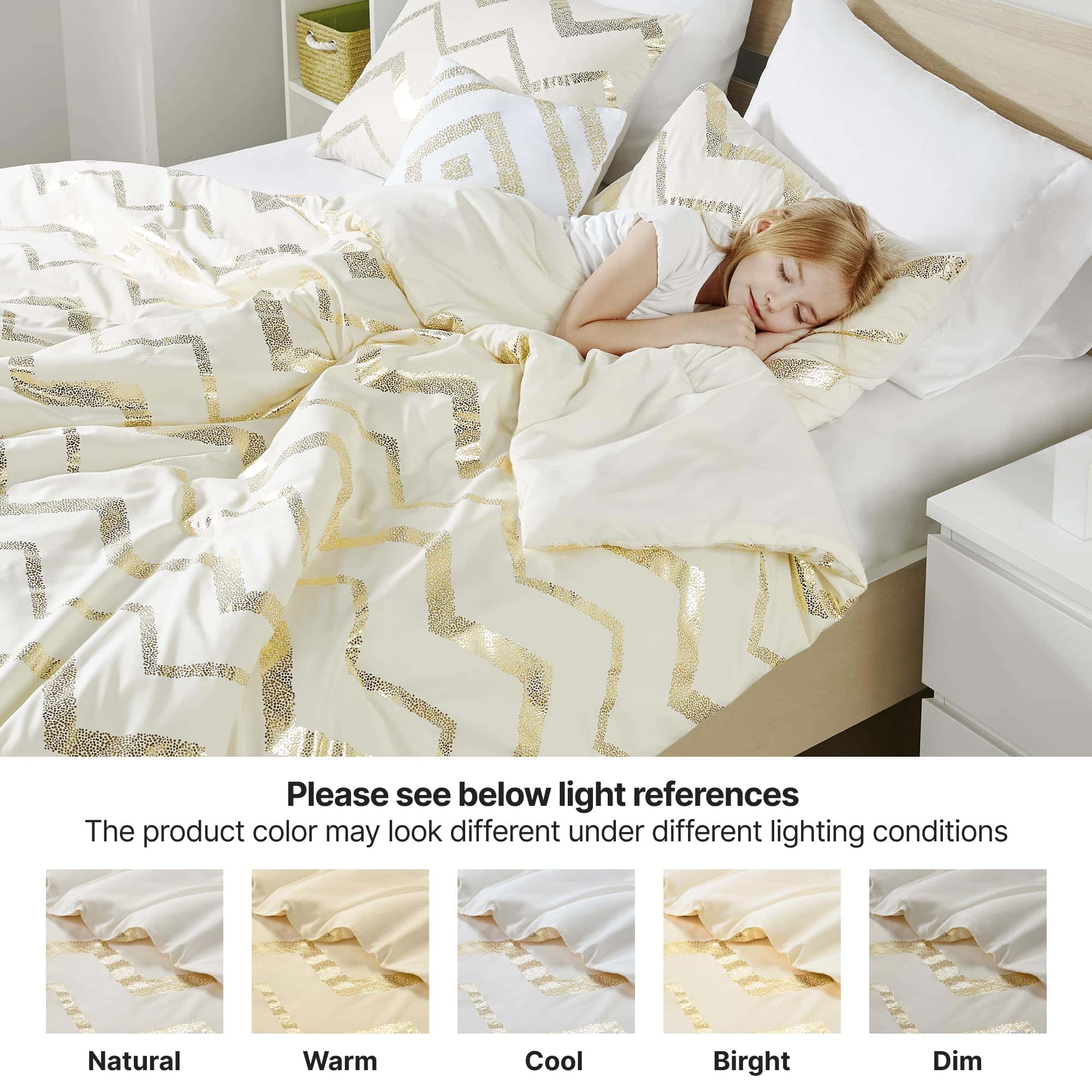 Juego de Edredón Blanco y Dorado Codi, Lindo Juego de Cama - Imagen 5