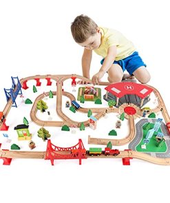 Qilay 140 Pcs Set de Tren de Madera, Juego de Trenes Delux