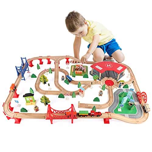 Qilay 140 Pcs Set de Tren de Madera, Juego de Trenes Delux