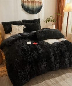 Juego de edredón de piel sintética negra para cama