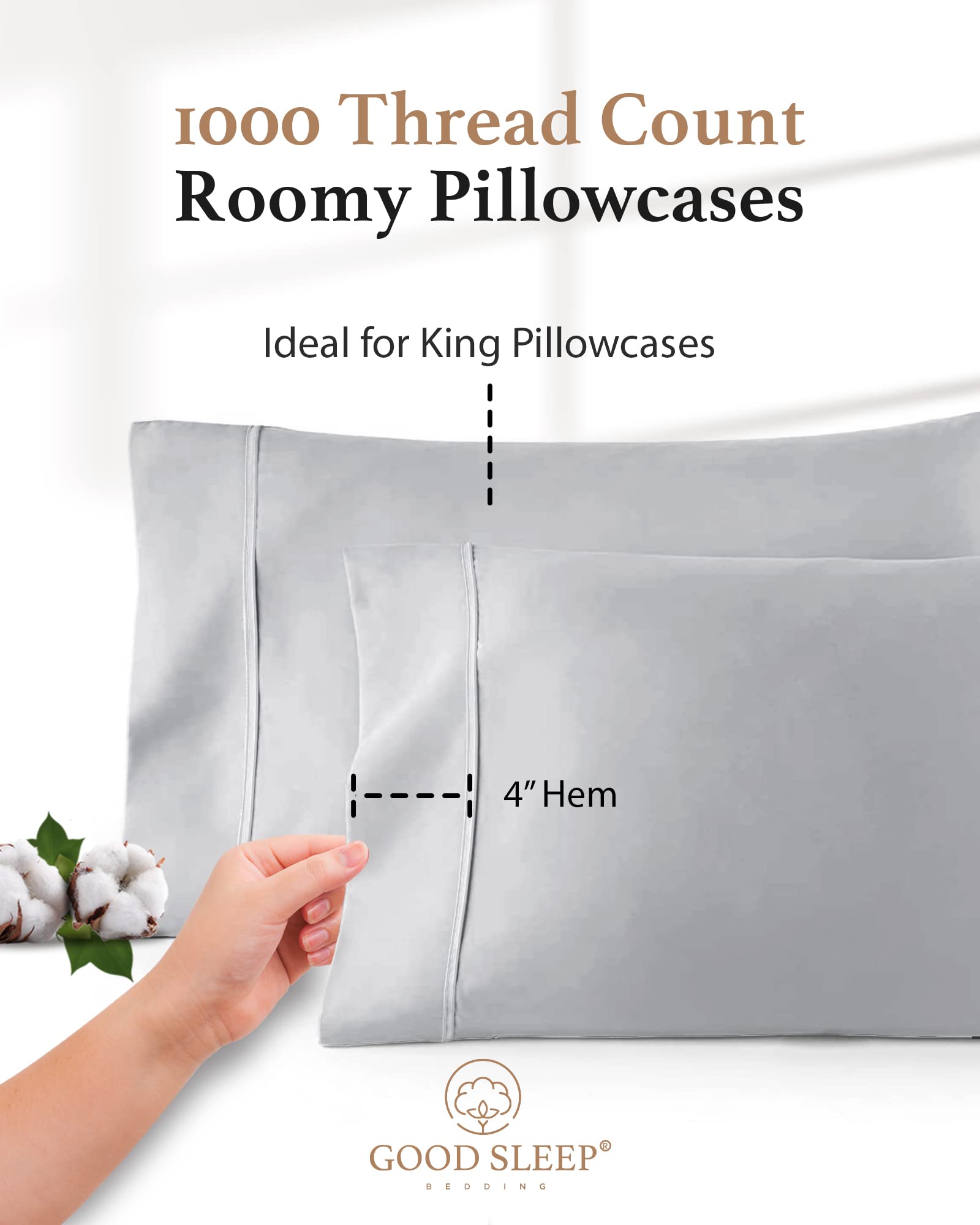 1000 TC Juego de 4 Fundas de Almohada King Gris Claro de - Imagen 4