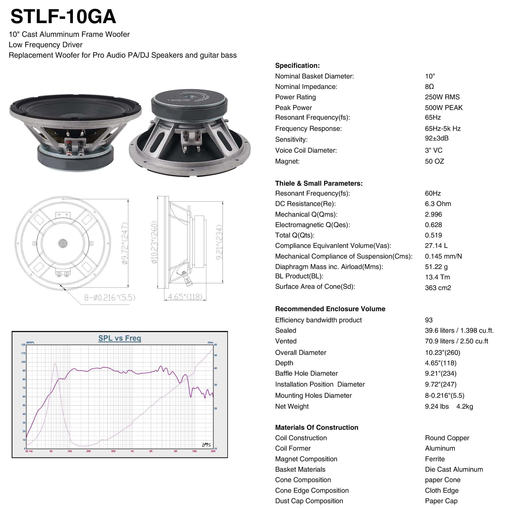 Sound Town 10" 250W Woofer de Marco de Aluminio Fundido con - Imagen 8