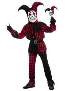 Disfraz de payaso arlequín rojo y negro para niños