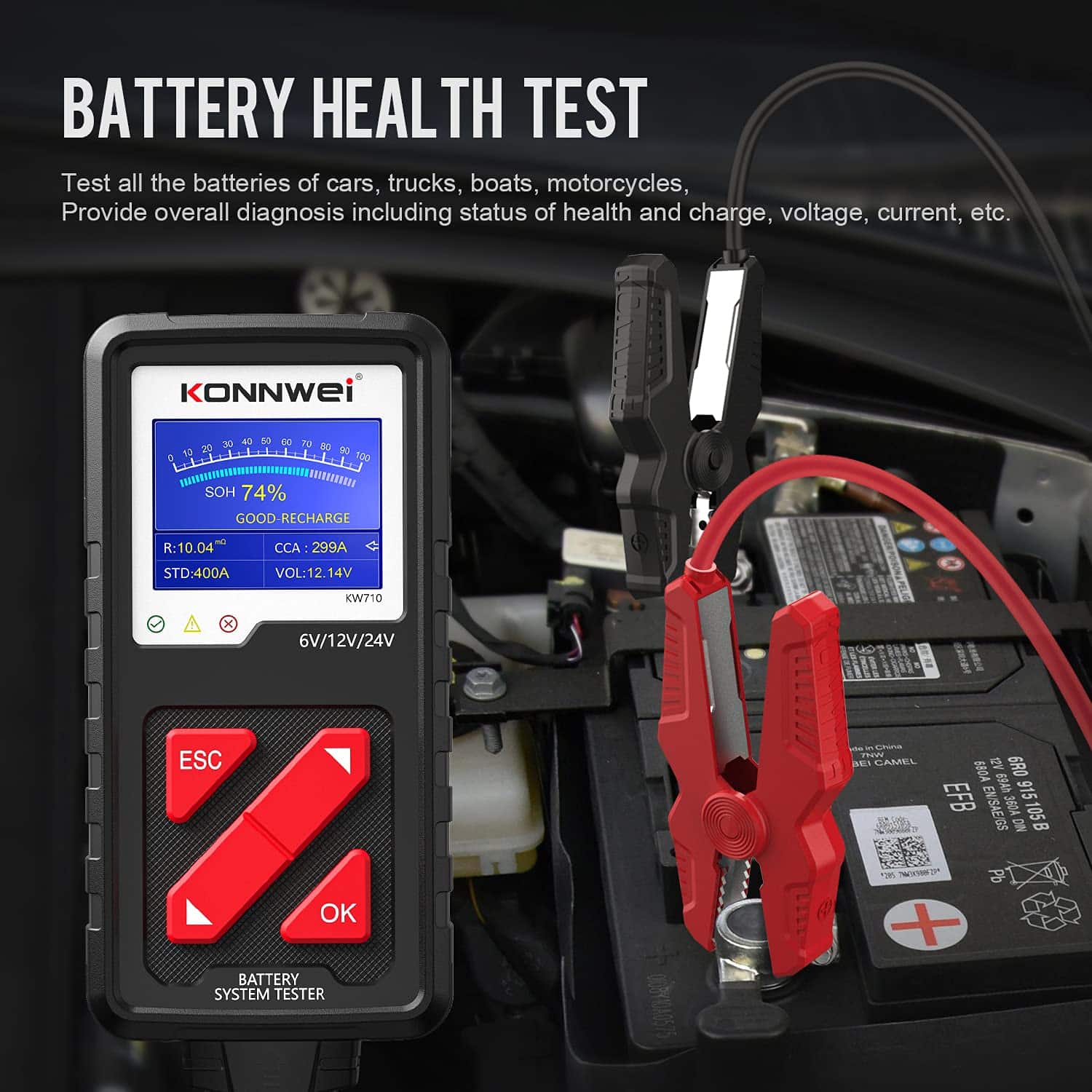 KONNWEI KW710 Probador de batería de coche 6V 12V 24V, - Imagen 5
