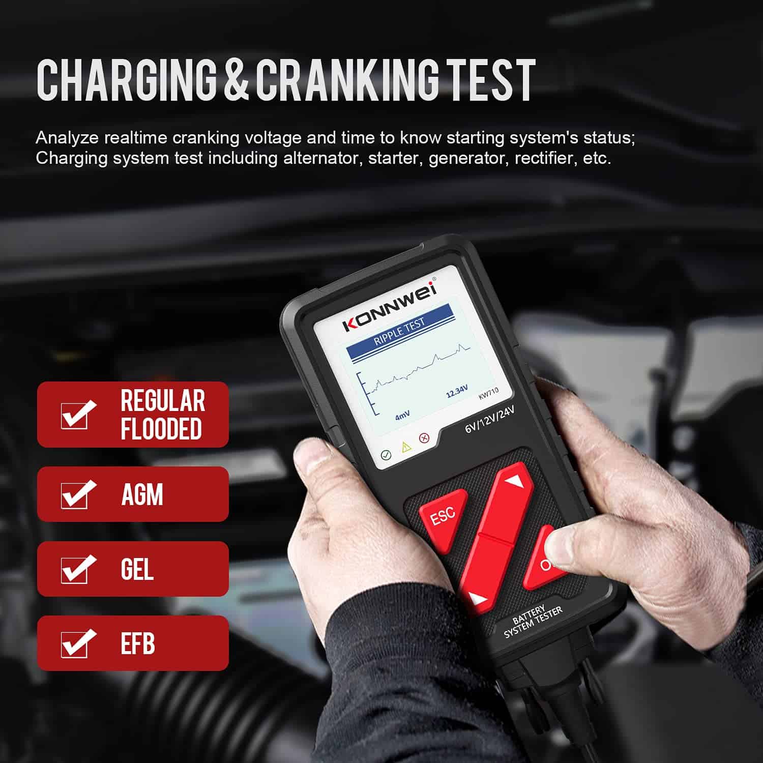 KONNWEI KW710 Probador de batería de coche 6V 12V 24V, - Imagen 7
