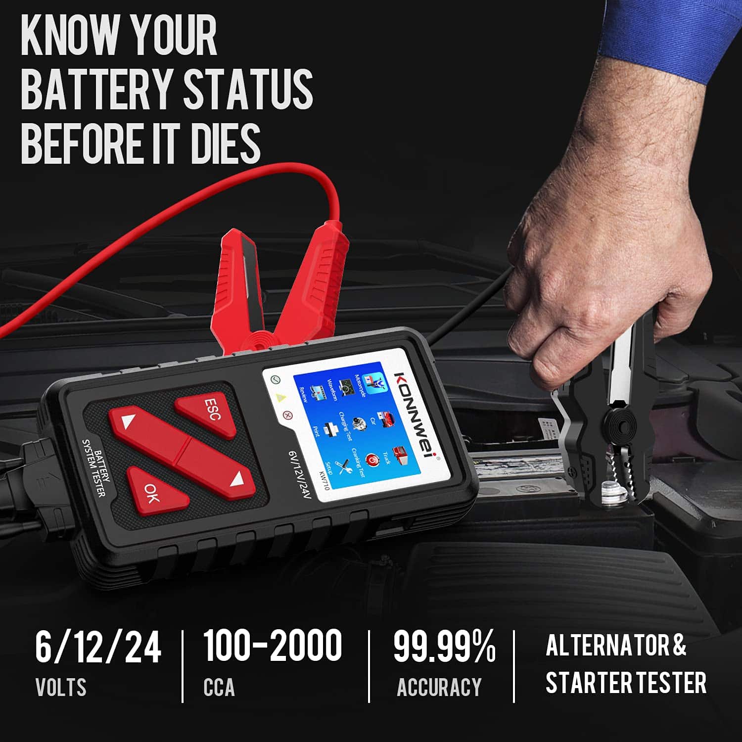 KONNWEI KW710 Probador de batería de coche 6V 12V 24V, - Imagen 3