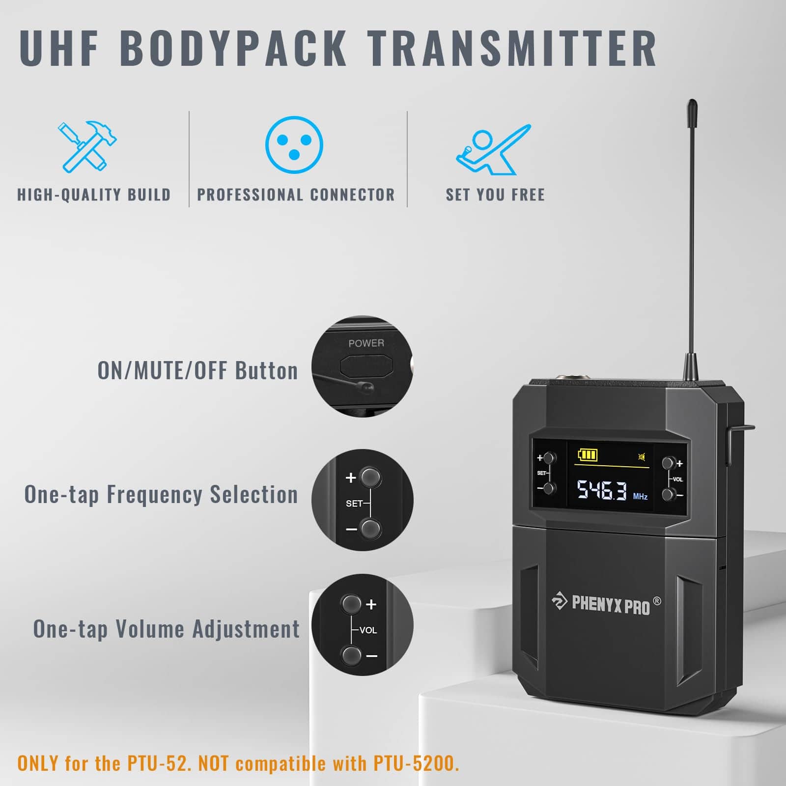 Transmisor BodyPack Inalámbrico UHF Phenyx Pro PTU-52 con - Imagen 3