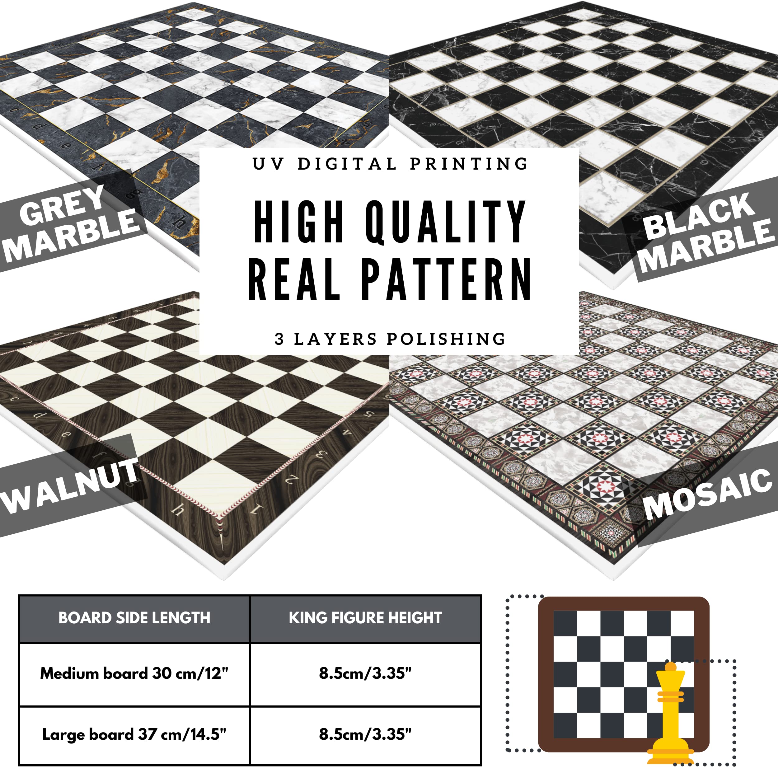 Ajedrez de madera 37cm-14.5" - Patrón de Mosaico de Mármol - Imagen 7