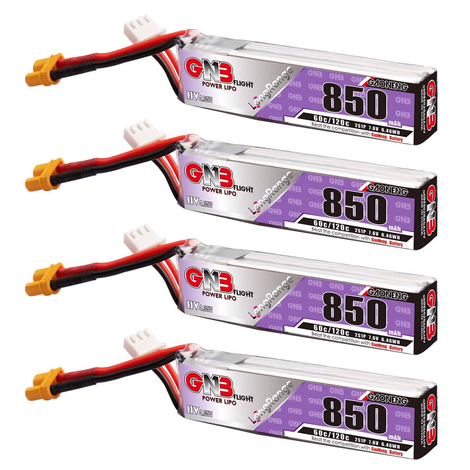 GAONENG 4PCS GNB 2S LiPo 850mAh 7.6V HV 60C 120C Batería