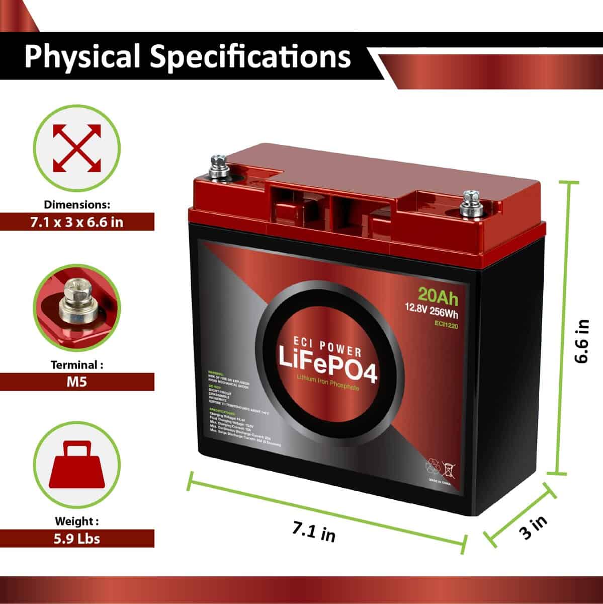 2 Pack ECI Power 12V 20Ah Batería de Litio LiFePO4 de Ciclo - Imagen 3