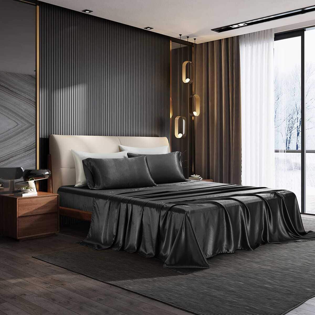 NA HommxJF 4PCS Juego de Sábanas de Satén Negro Tamaño King - Imagen 3