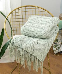 Manta de tiro con borlas de flecos de chenilla verde salvia