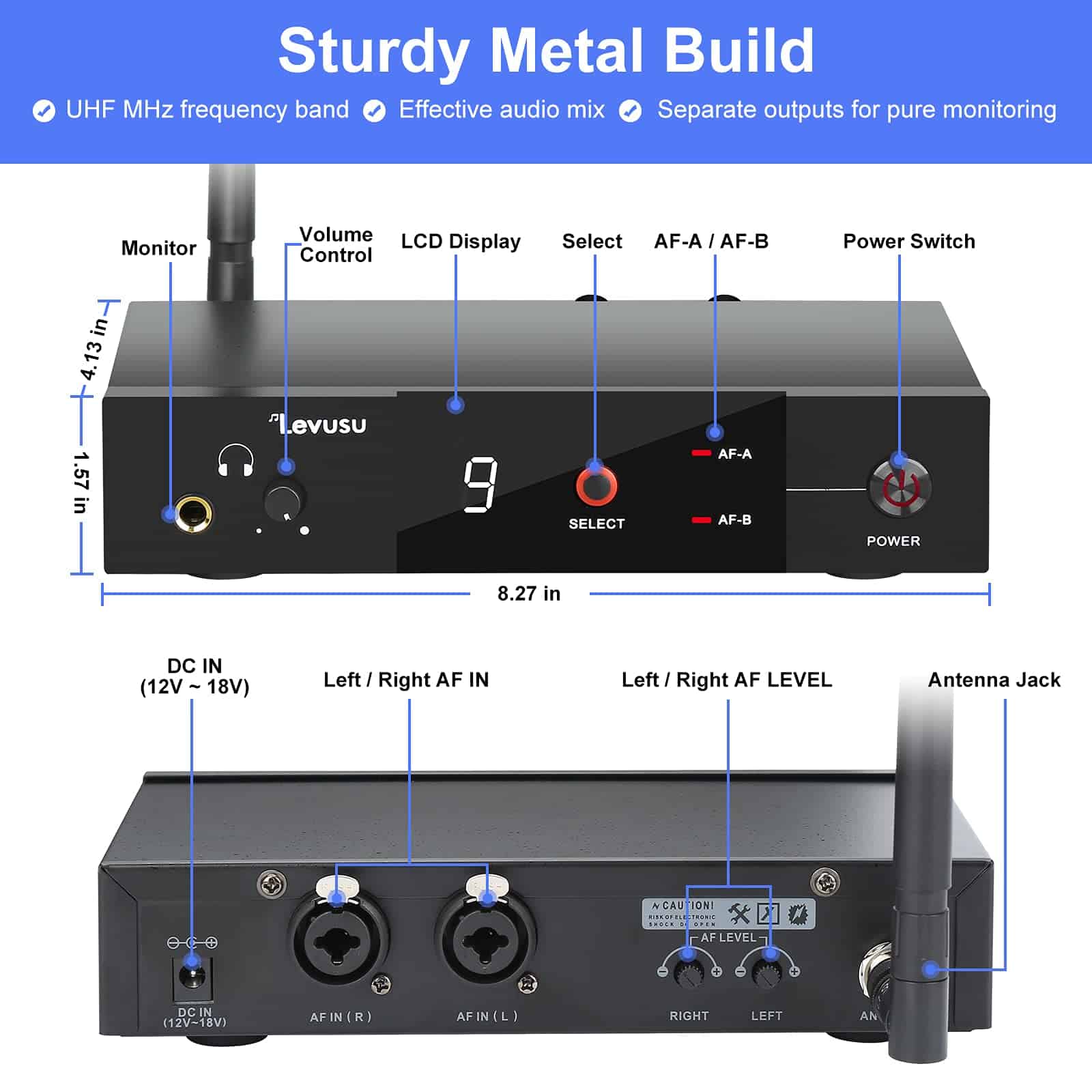 Sistema de monitor inalámbrico Levusu UHF con auriculares, - Imagen 3