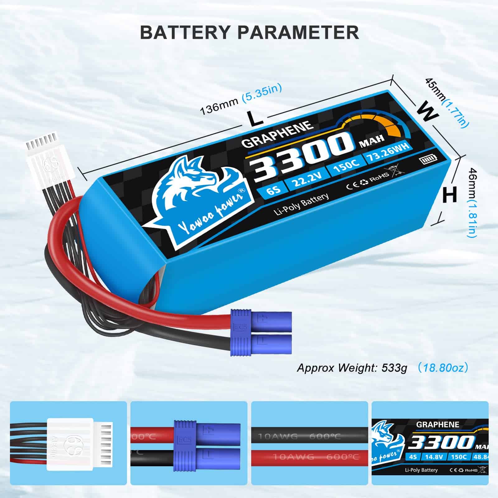 Batería Lipo Yowoo 6S 3300mAh 150C 22.2v con Conector EC5 - Imagen 5