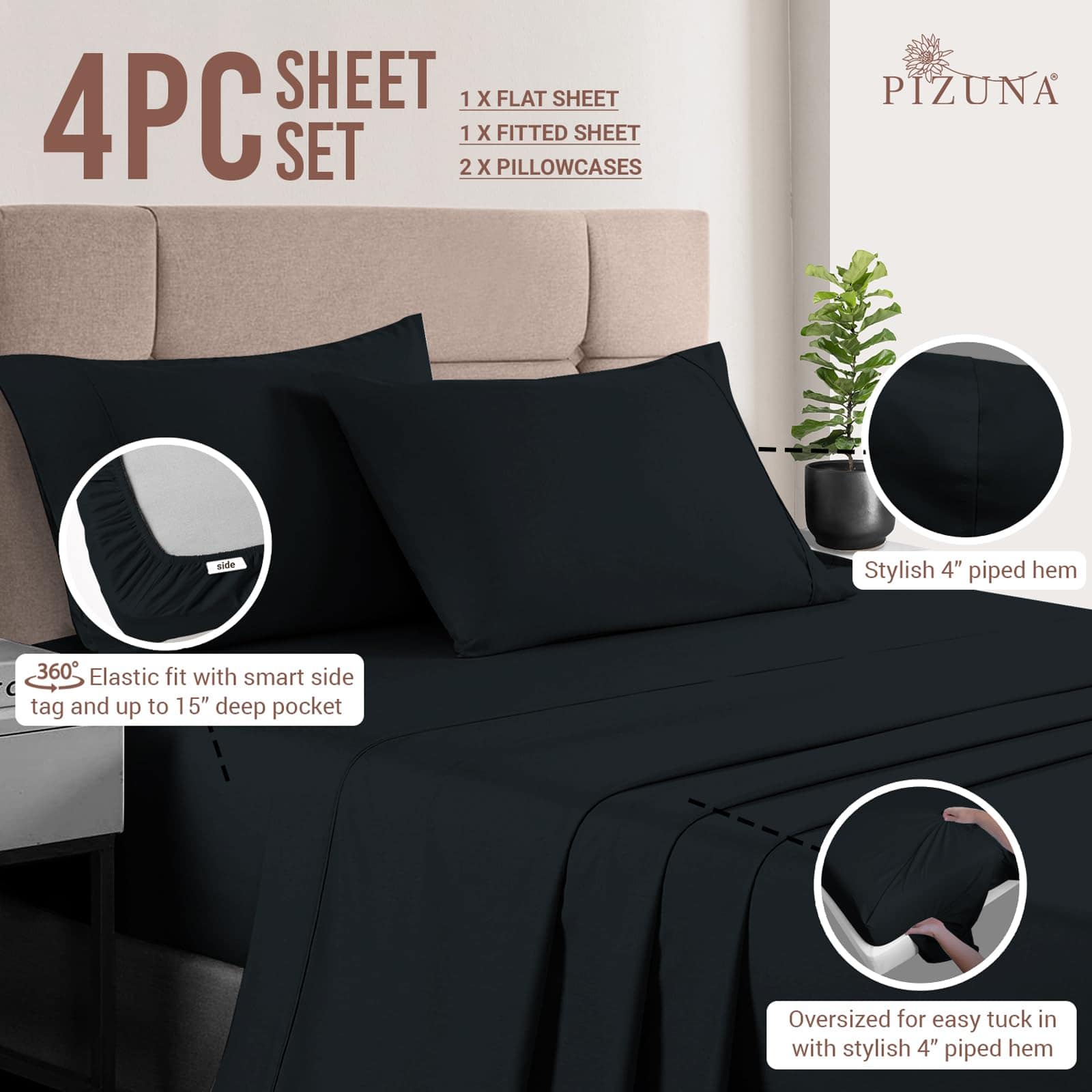 Juego de sábanas de algodón Puro Pizuna Twin XL Size, - Imagen 5