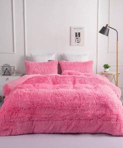 Juego de edredones de felpa de piel sintética rosa Chovy