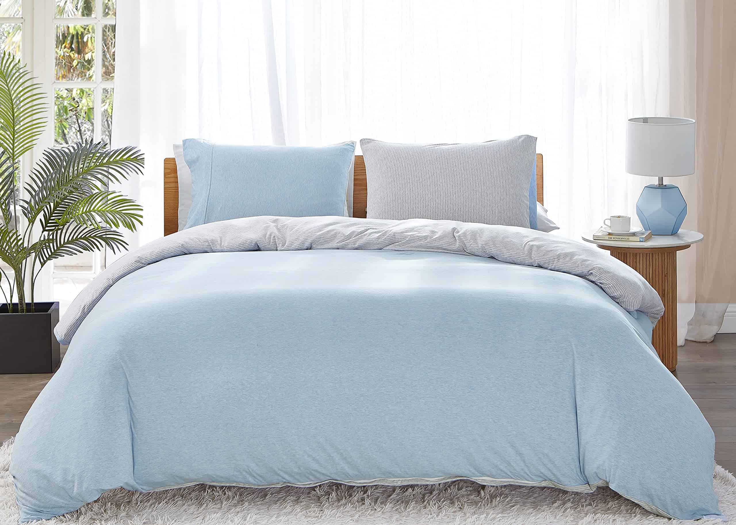 Juego de Funda Nórdica de Punto de Jersey -Azul Gris Blanco