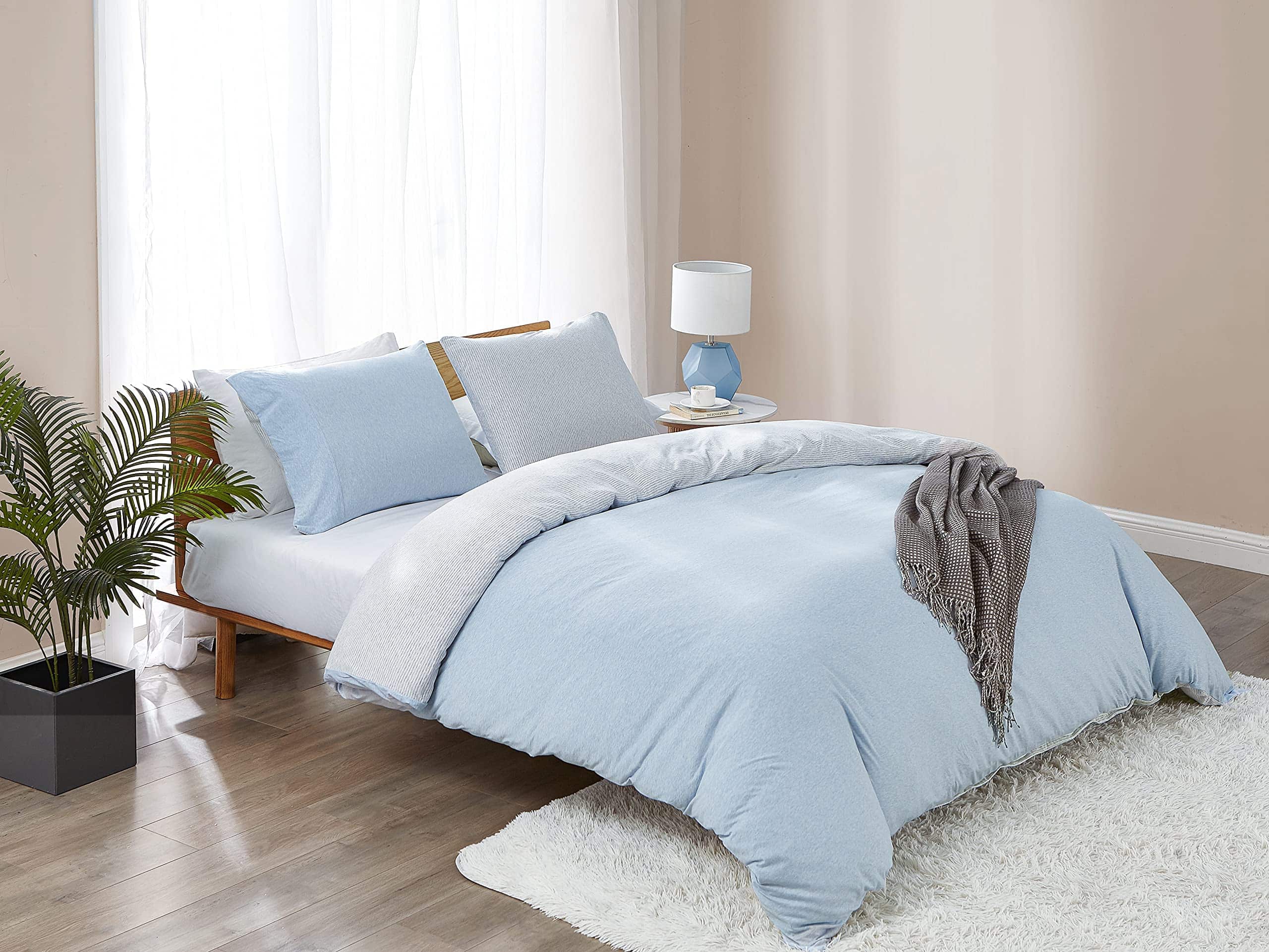 Juego de Funda Nórdica de Punto de Jersey -Azul Gris Blanco - Imagen 6