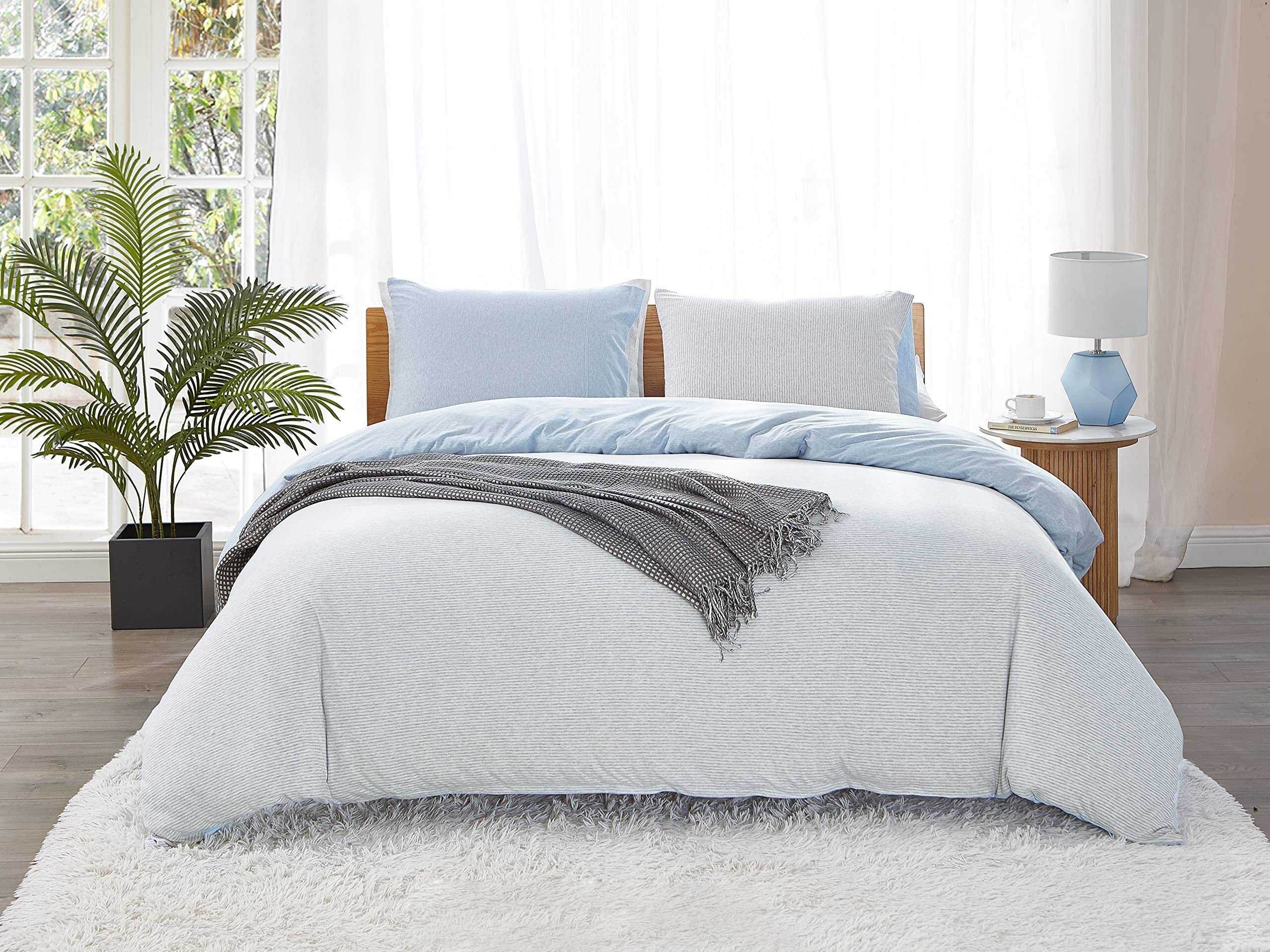 Juego de Funda Nórdica de Punto de Jersey -Azul Gris Blanco - Imagen 4