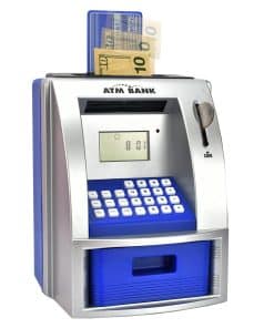 Banco de ahorro ATM para dinero real, alcancía -Azul