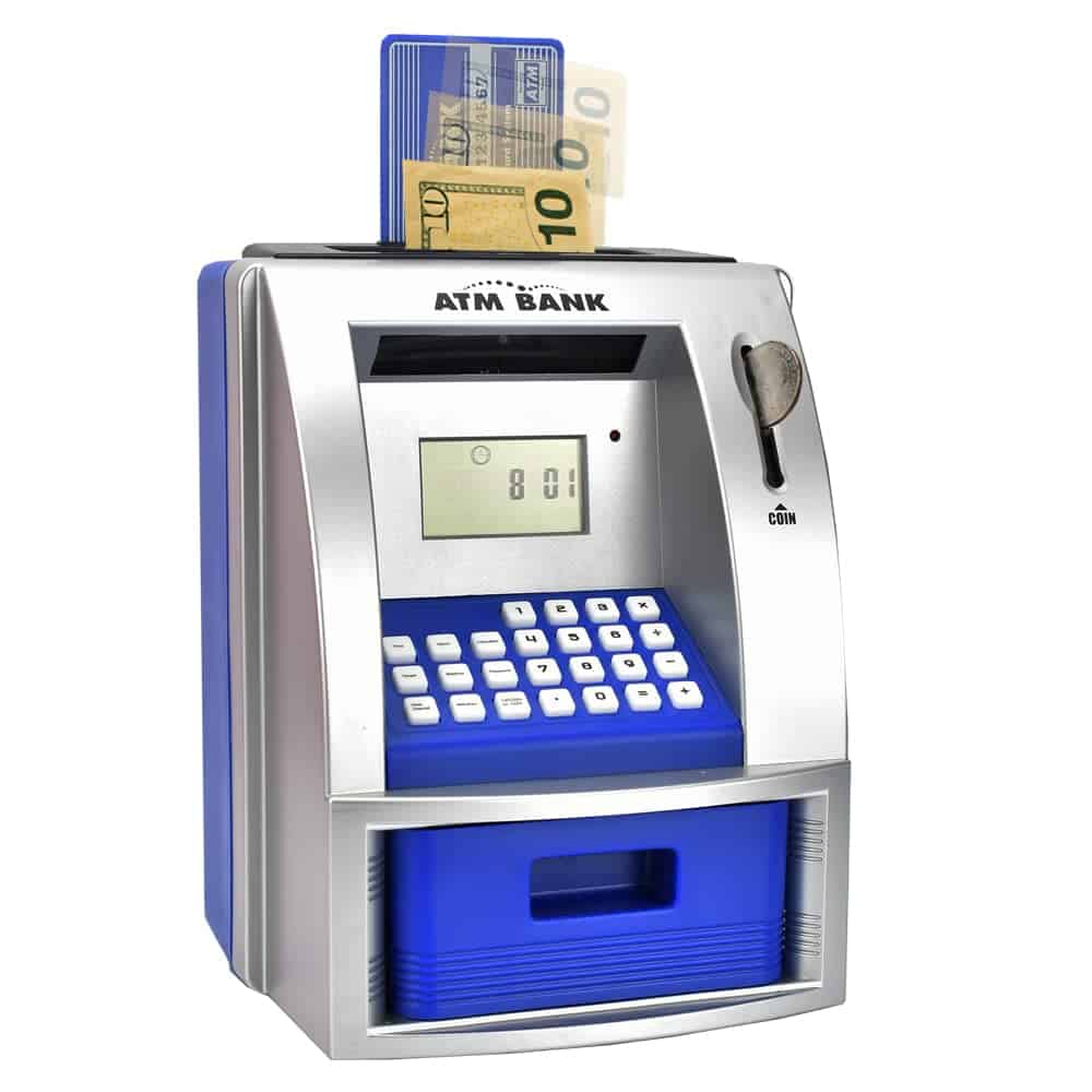 Banco de ahorro ATM para dinero real, alcancía -Azul