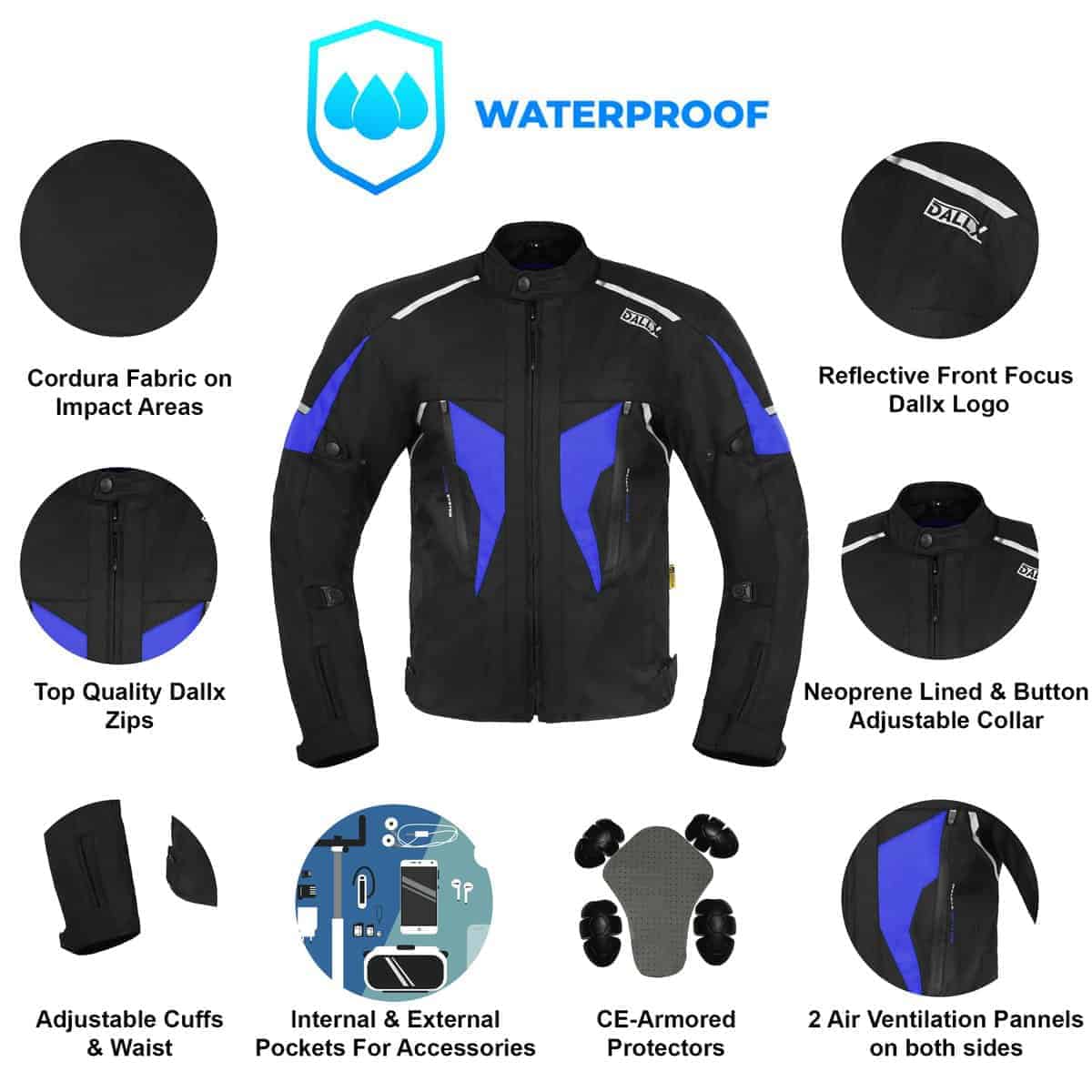 Chaqueta de moto de aventura de tela DALLX con -Negro Azul - Imagen 3