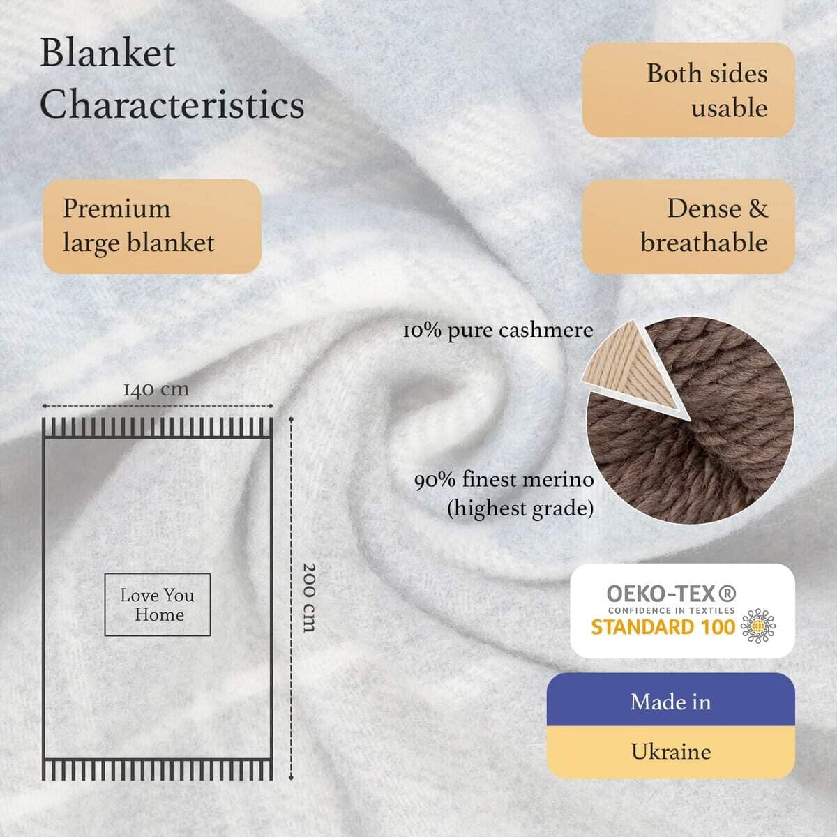 Manta de cachemira LYHome con merino - -Gris con Azul Claro - Imagen 3