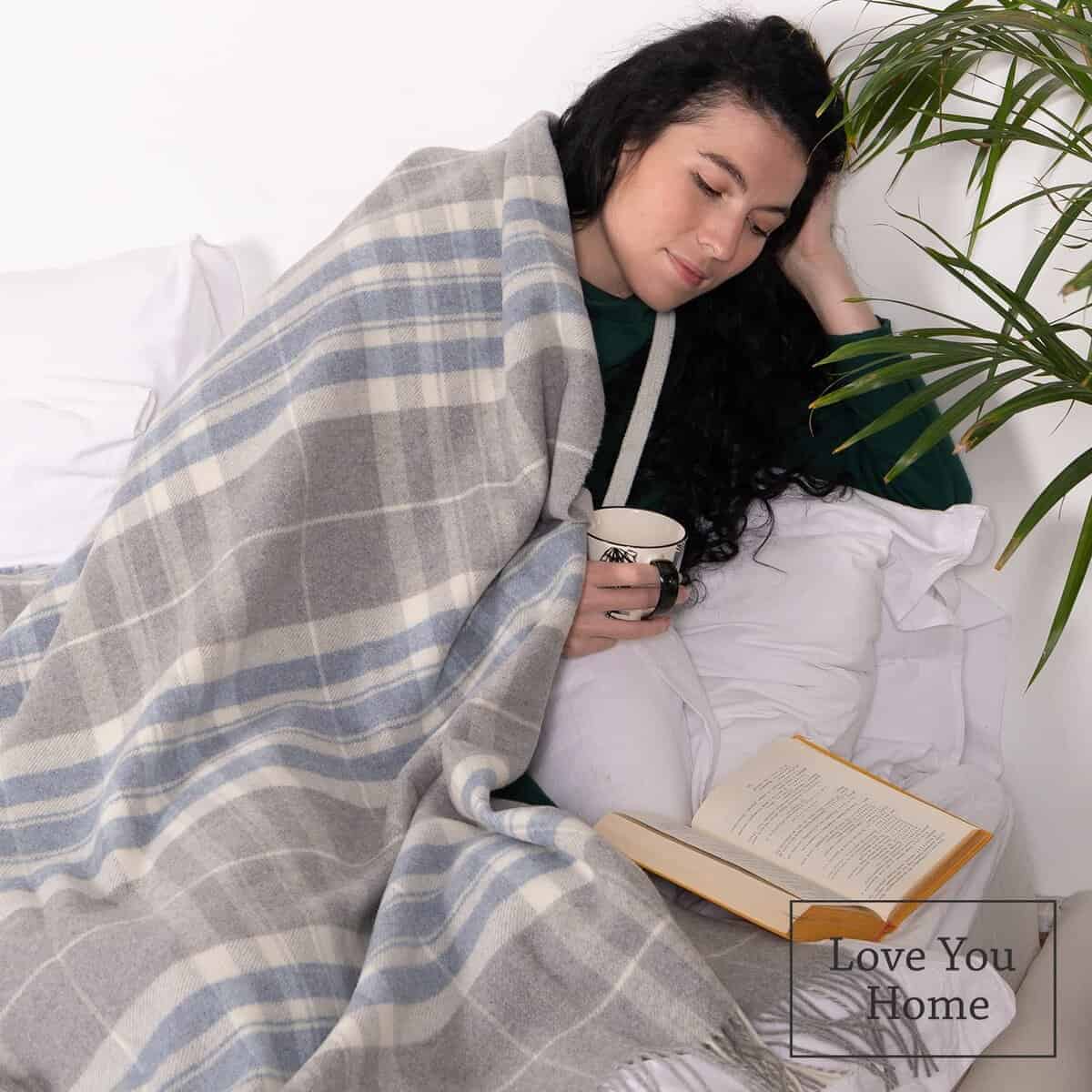 Manta de cachemira LYHome con merino - -Gris con Azul Claro - Imagen 6