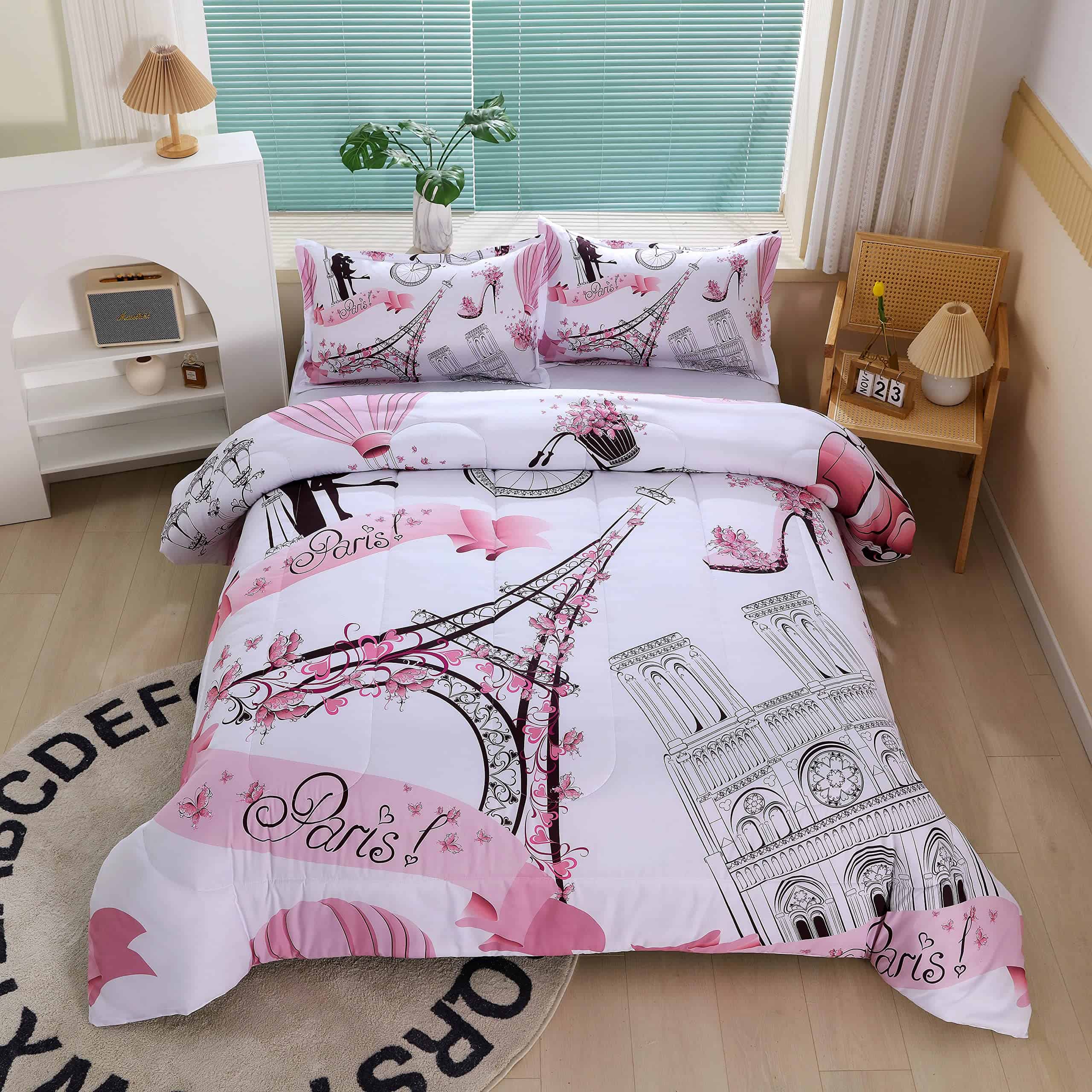 Juego de Edredón Estilo París Rosa Romántico para Niñas y