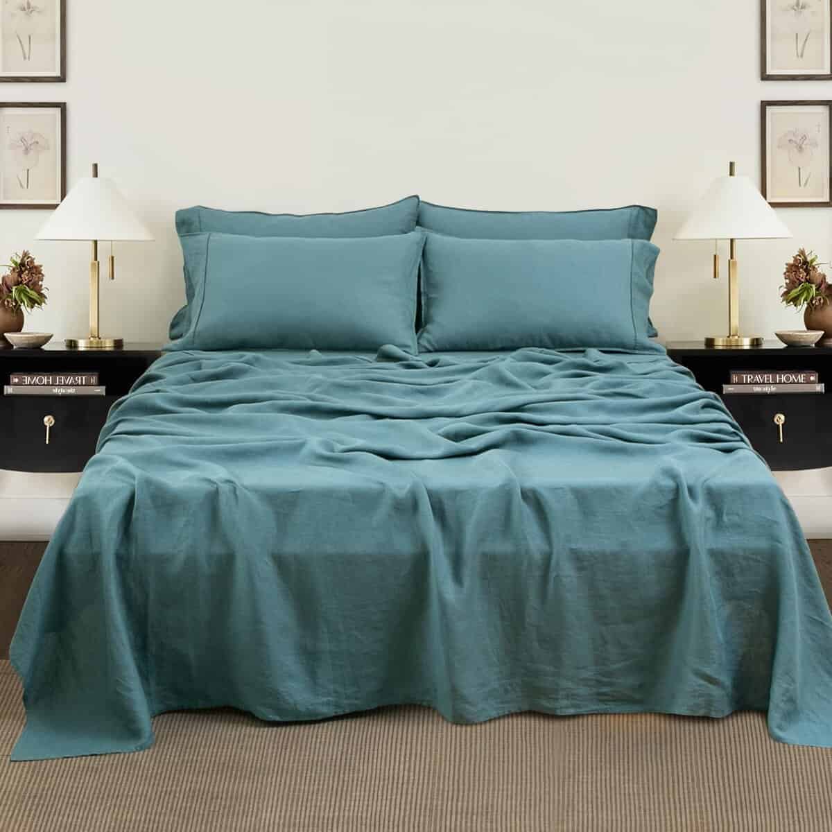 Juego de Sábanas de Lino 100% Orgánico S -Azul Mineral