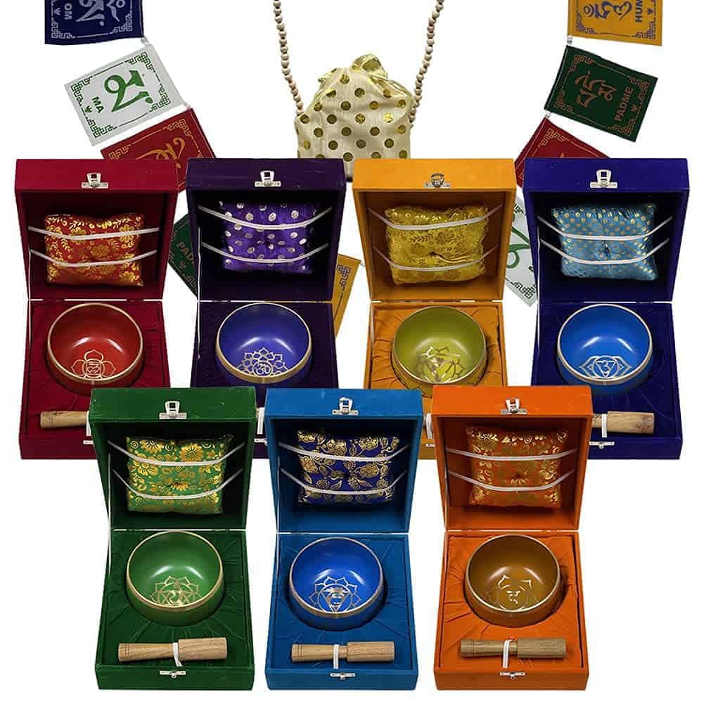 Set de Cuencos Tibetanos Chakra con Cojín Batidor y Tulsi