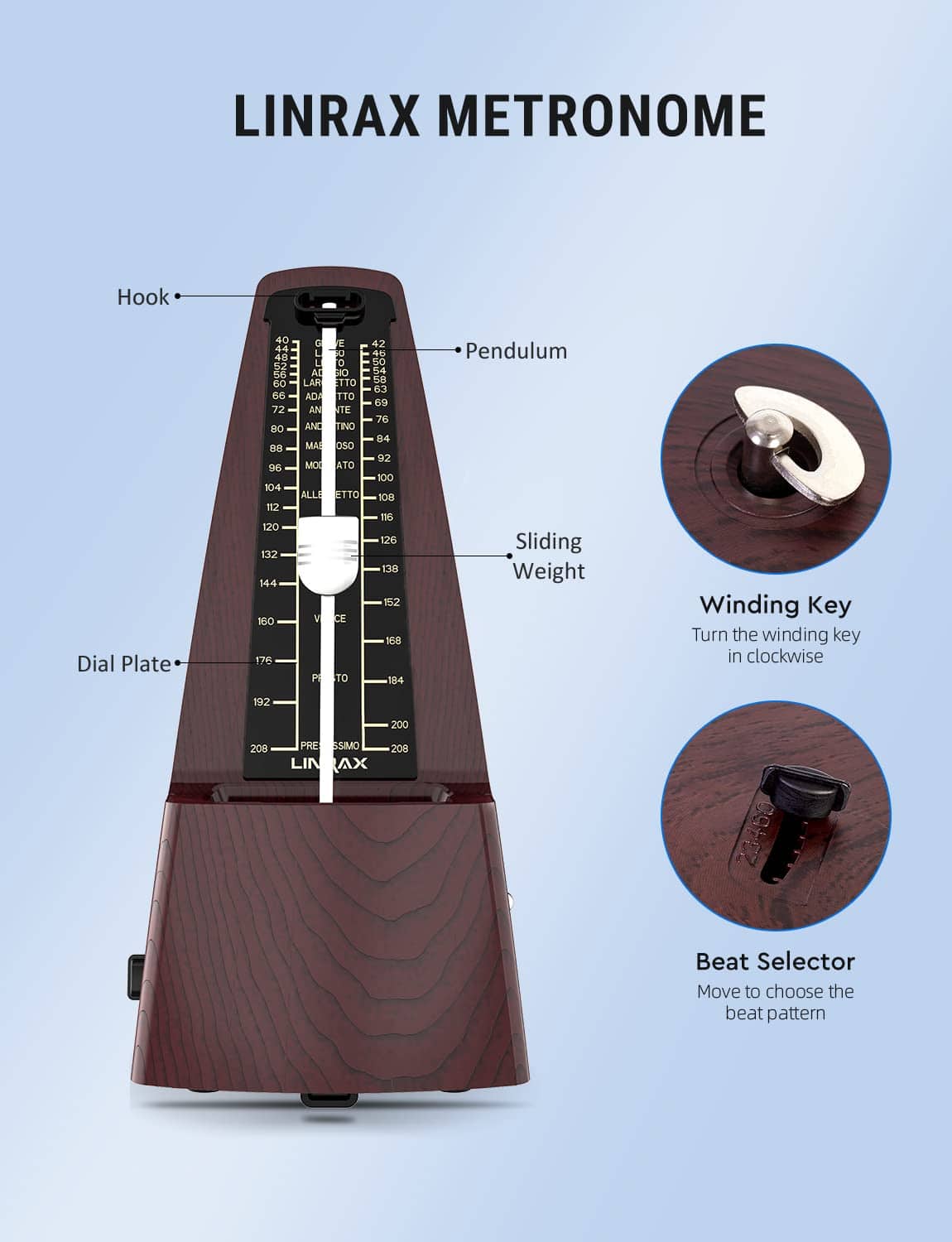 Linrax M2 Metrónomo Mecánico para Piano Guitarra Bajo - Imagen 3