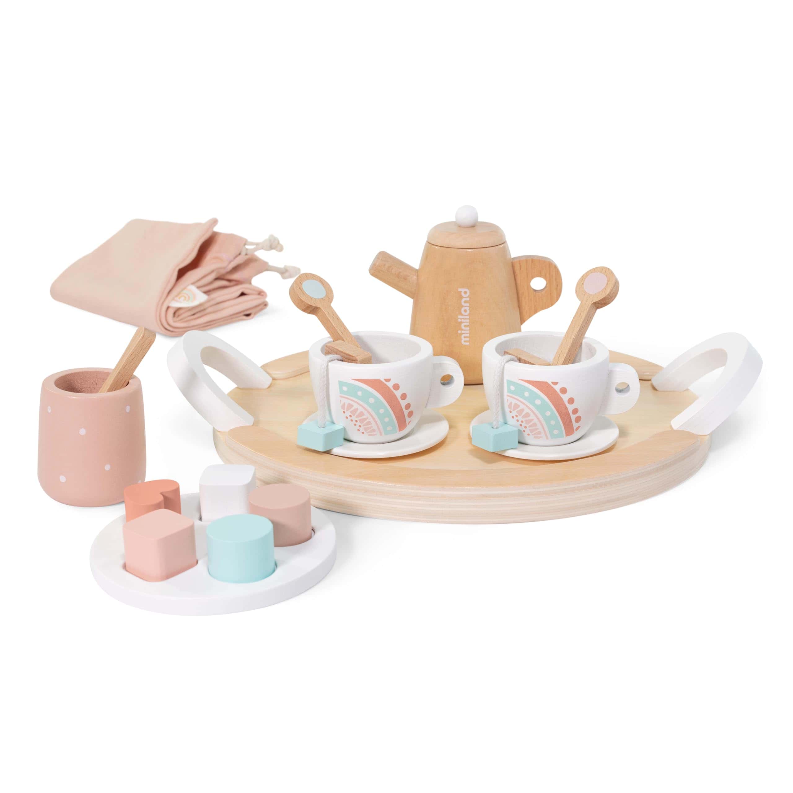 Set de té de madera Miniland Doll - Calidad, ECO,