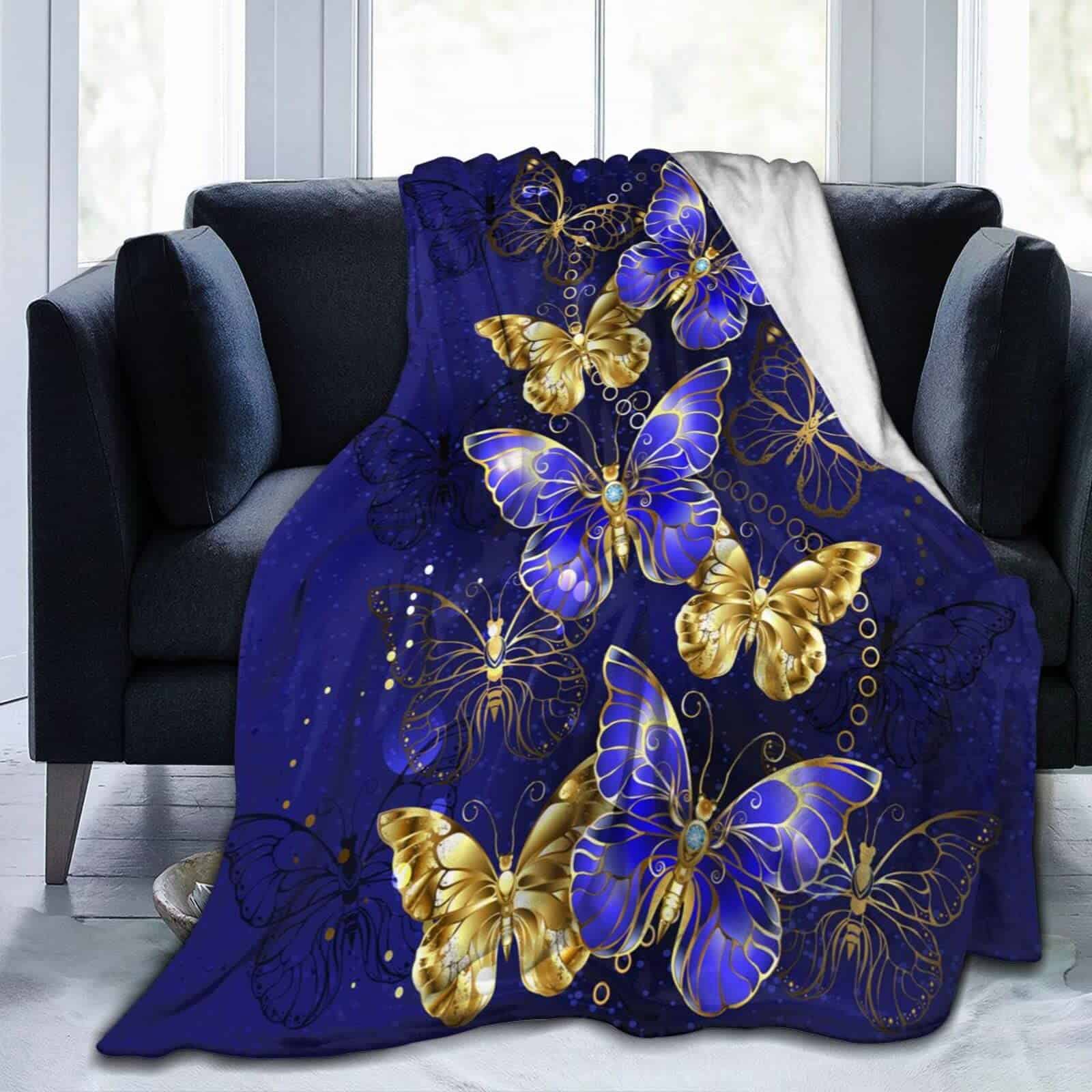 Manta de lanza de patrón de mariposa púrpura y dorada