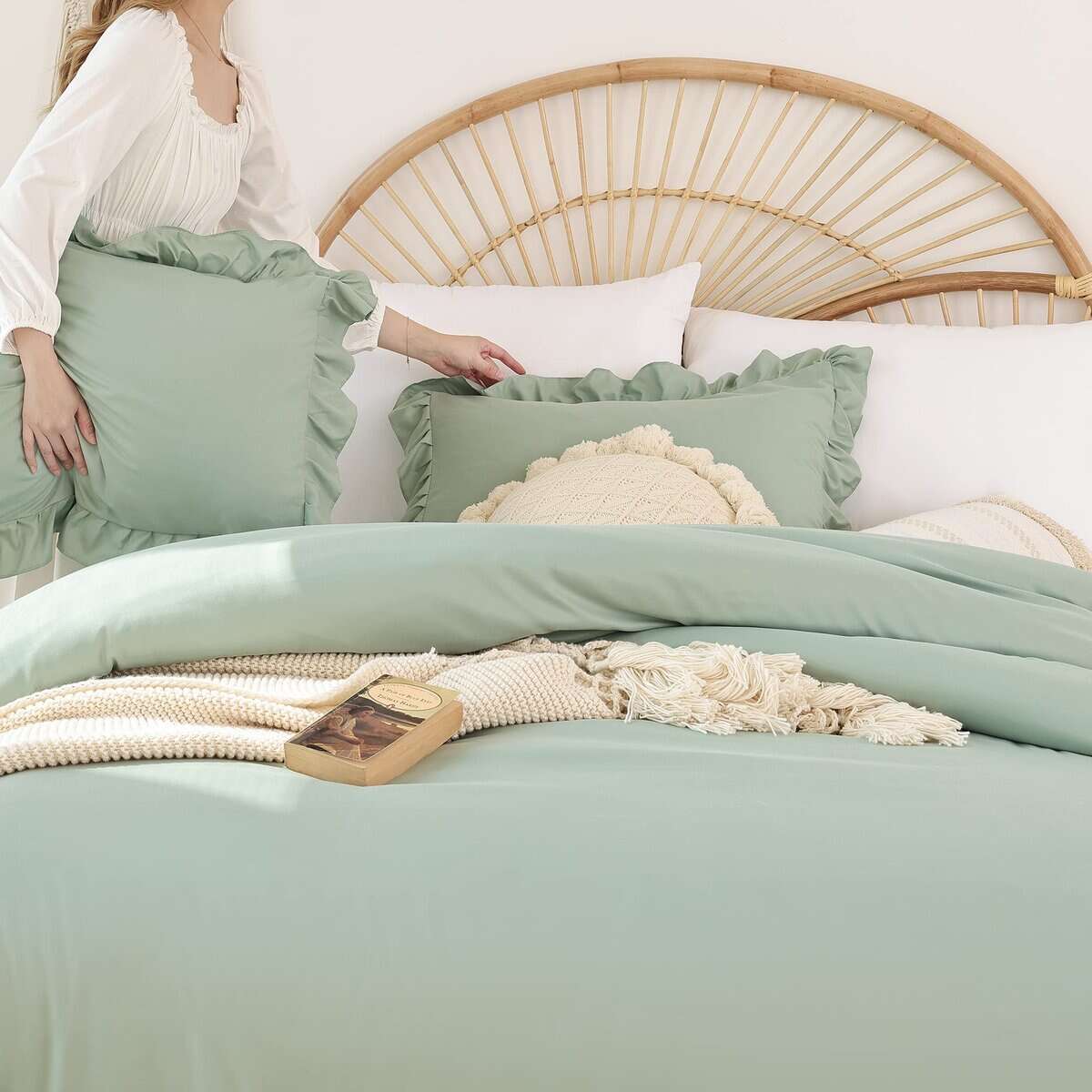 Set de Edredón de Reina en Verde Salvia de JANZAA 3PCS - 1 - Imagen 6
